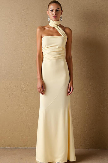 Daffodil Satin Sheath Halter Long Evening Dress